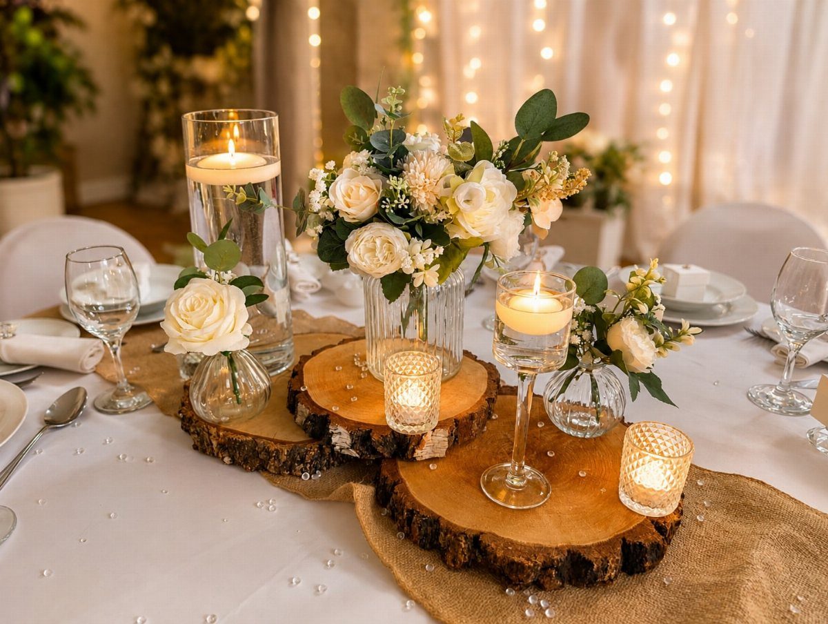 10 Wood Slice Crafts for Home Decor, Gifts and Games 1 Wood slice centerpiece with white roses and candles on a wedding table.