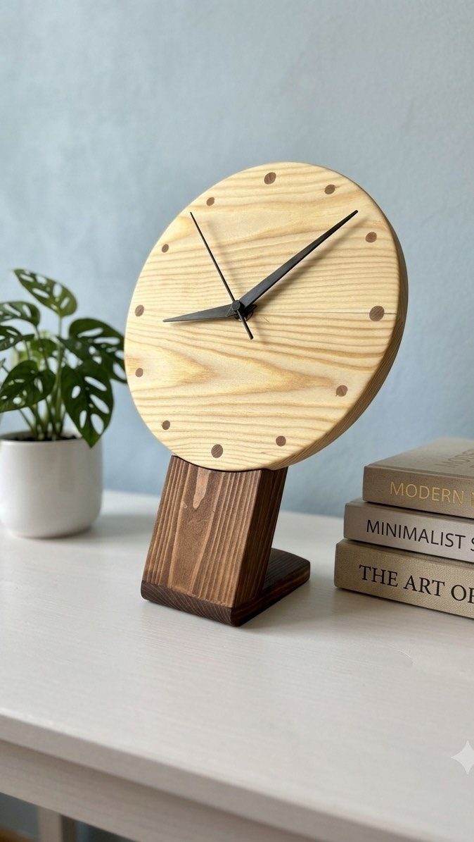 Wooden desktop clock with a light circular face on a dark brown base.