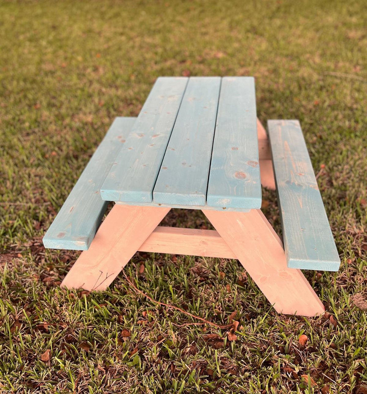 Small wooden picnic table with blue planks on a green grass lawn