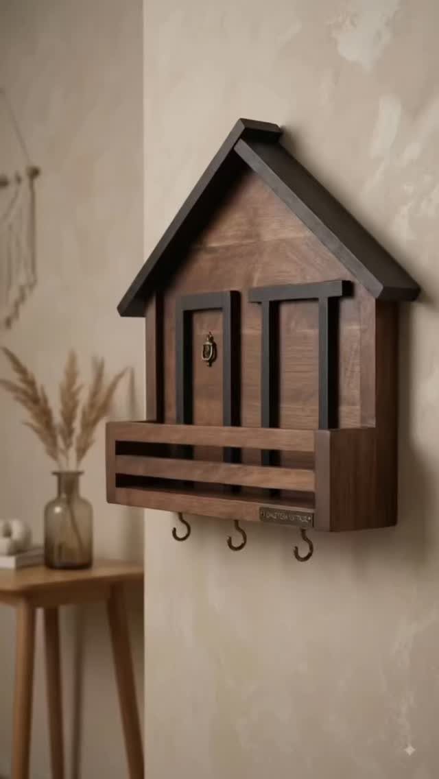 House-shaped wooden wall organizer with a small door, slatted shelf, and metal hooks.
