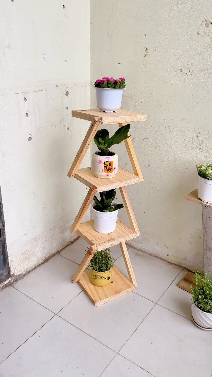 Wooden three-tier triangular plant stand holding small potted plants against a white wall.