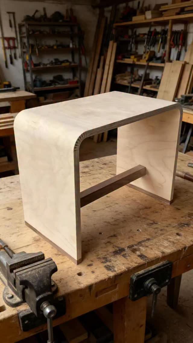 Plywood stool with curved corners resting on a wooden workbench in a workshop.