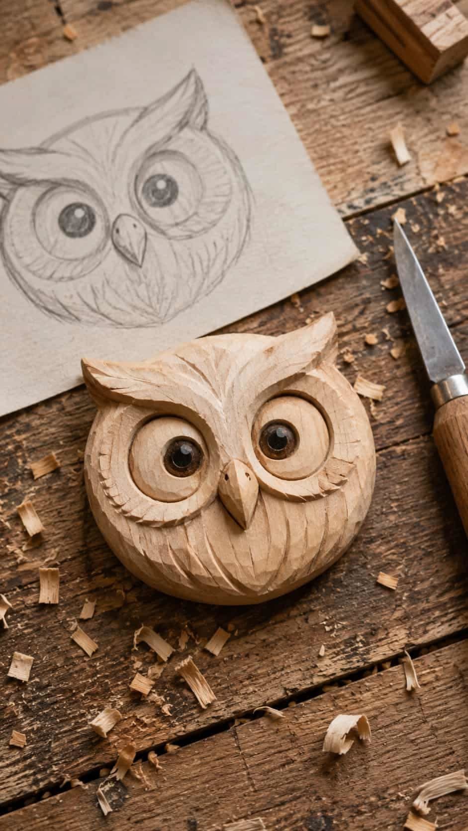 Carved wooden owl head next to its pencil sketch and a carving knife.