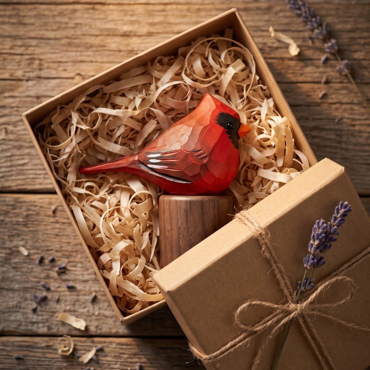 Red wooden cardinal carving in a gift box with wood shavings and lavender.