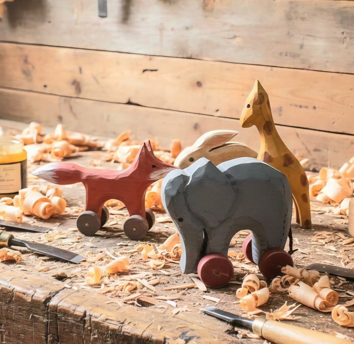 Wooden animal toys on wheels resting on a workbench with wood shavings.
