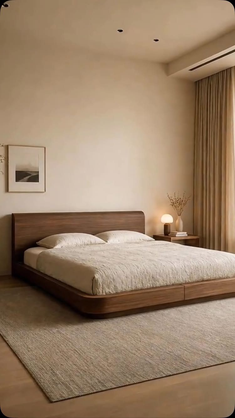 Modern low-profile wooden bed frame with white linens in a minimalist bedroom