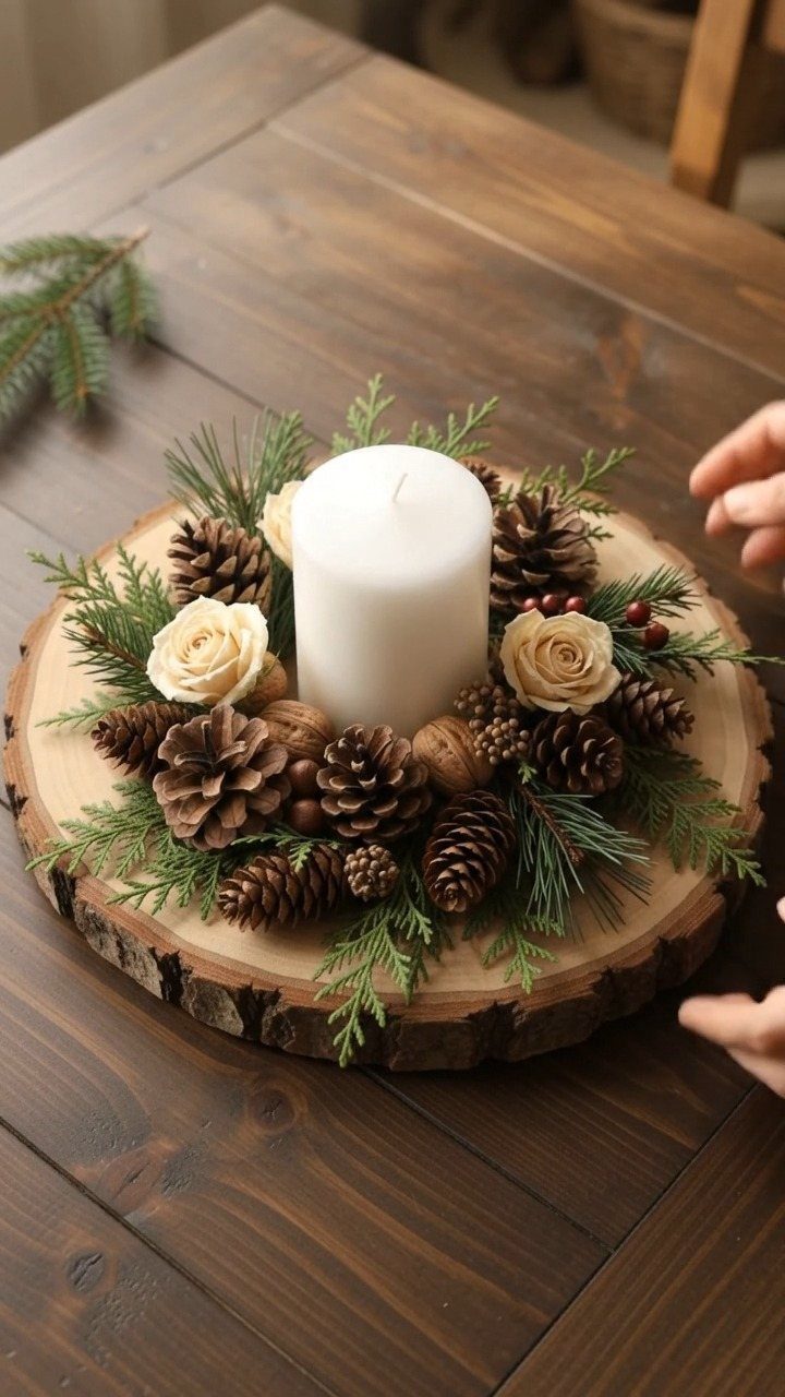White pillar candle on a wooden slice base with pinecones and evergreen sprigs.
