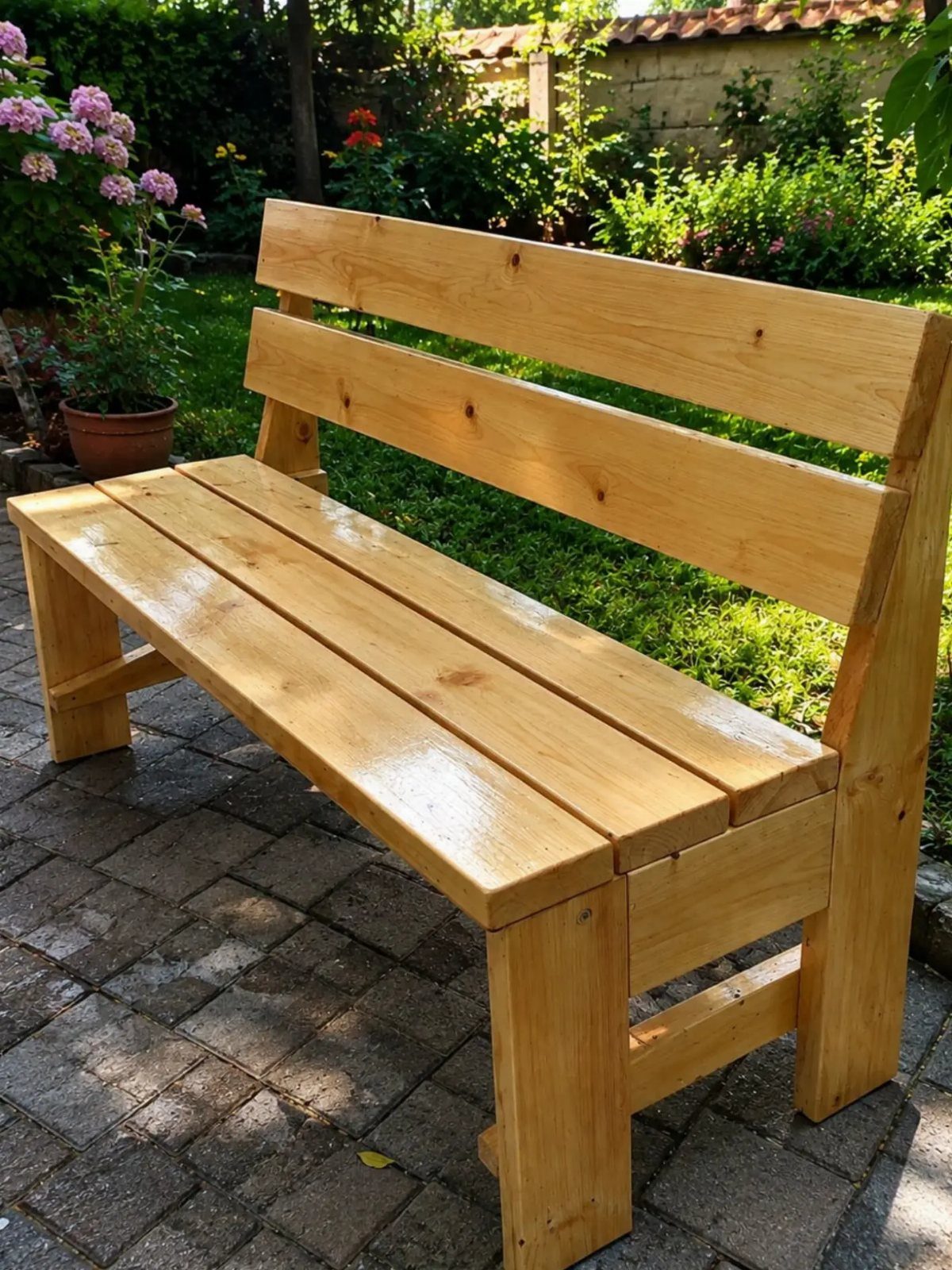 Light-colored wooden garden bench on a stone patio surrounded by lush green garden foliage.