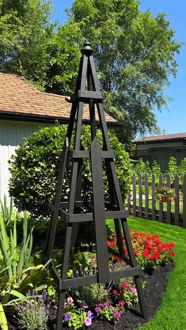 Black wooden obelisk garden trellis standing in a colorful flower bed outdoors.