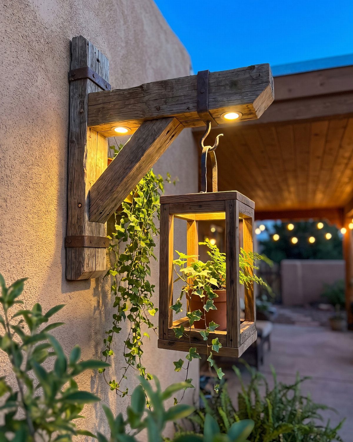 Wooden lantern with a potted plant hanging from a rustic wall bracket.