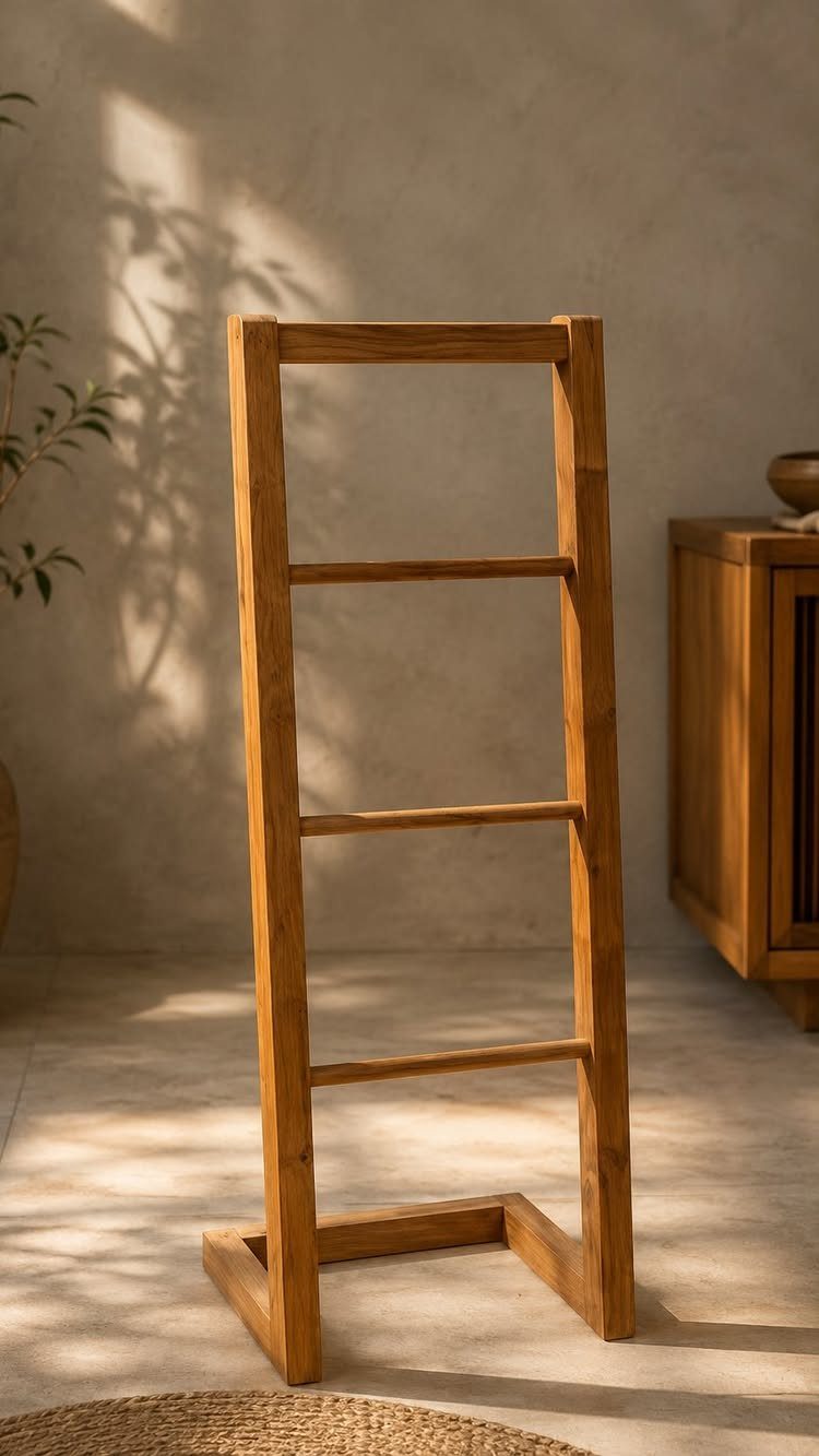 Wooden decorative towel ladder leaning against a neutral wall in a sunlit room.
