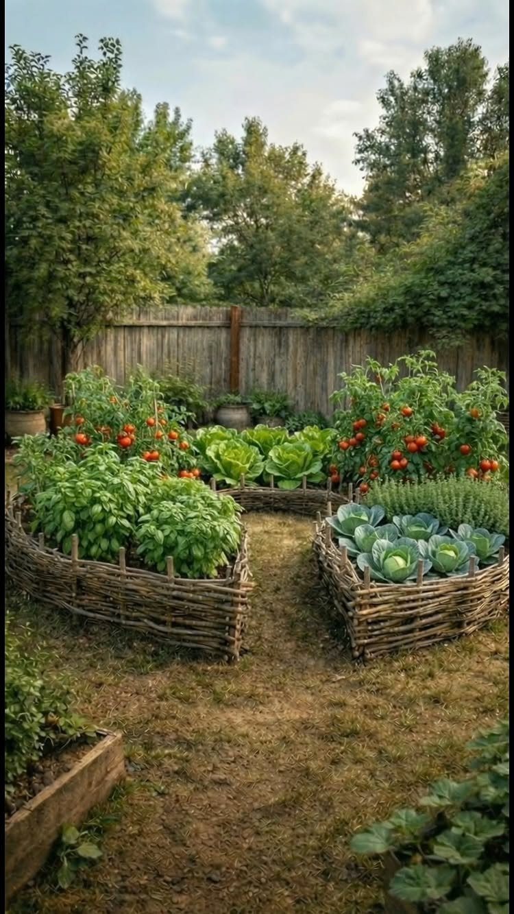 Woven wooden raised garden beds filled with tomatoes and leafy green vegetables.
