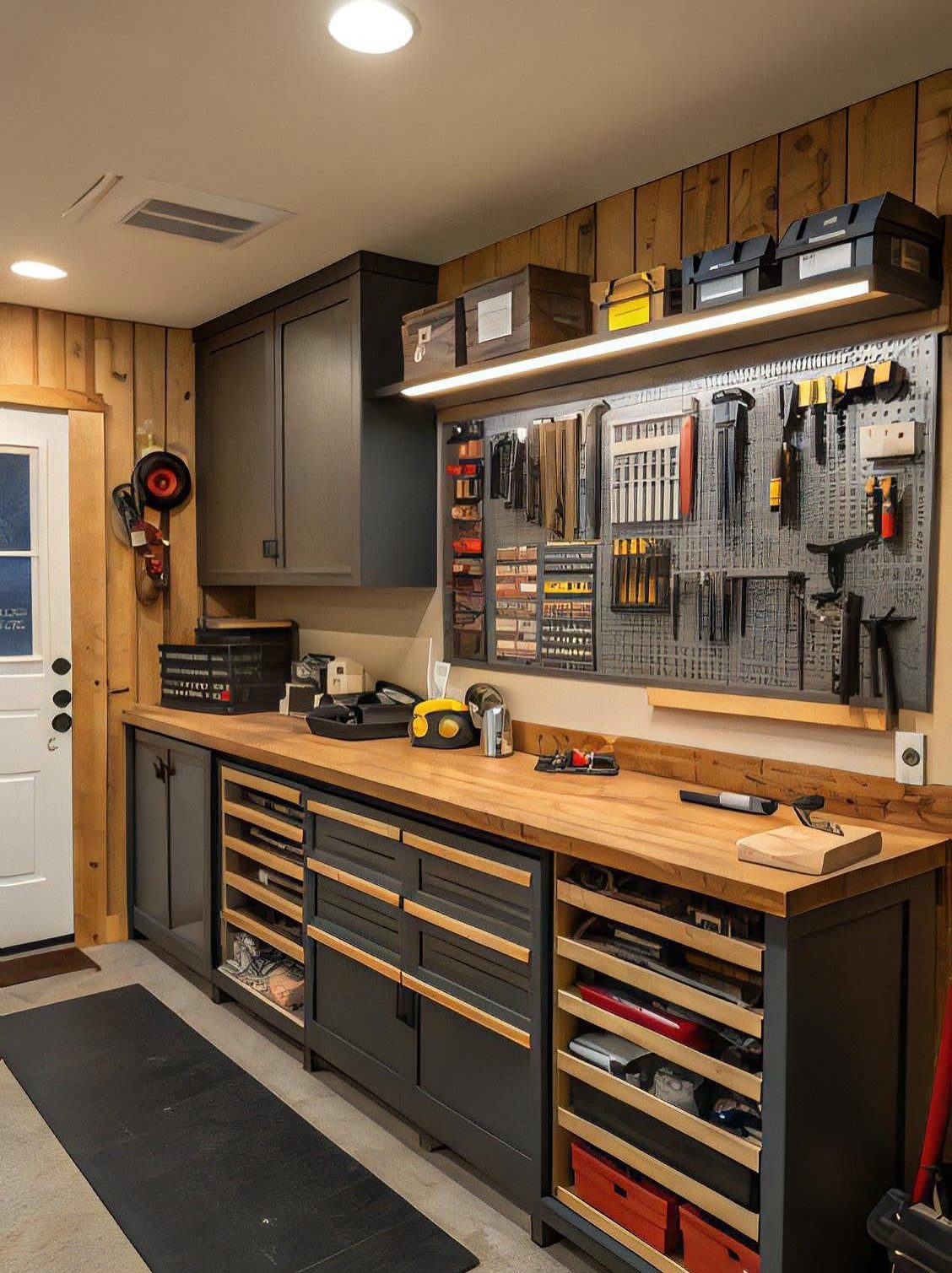8 Woodshop Design Ideas for Smarter Storage and Layout 5 Wooden workbench with grey drawers and a tool-filled pegboard in a woodshop.