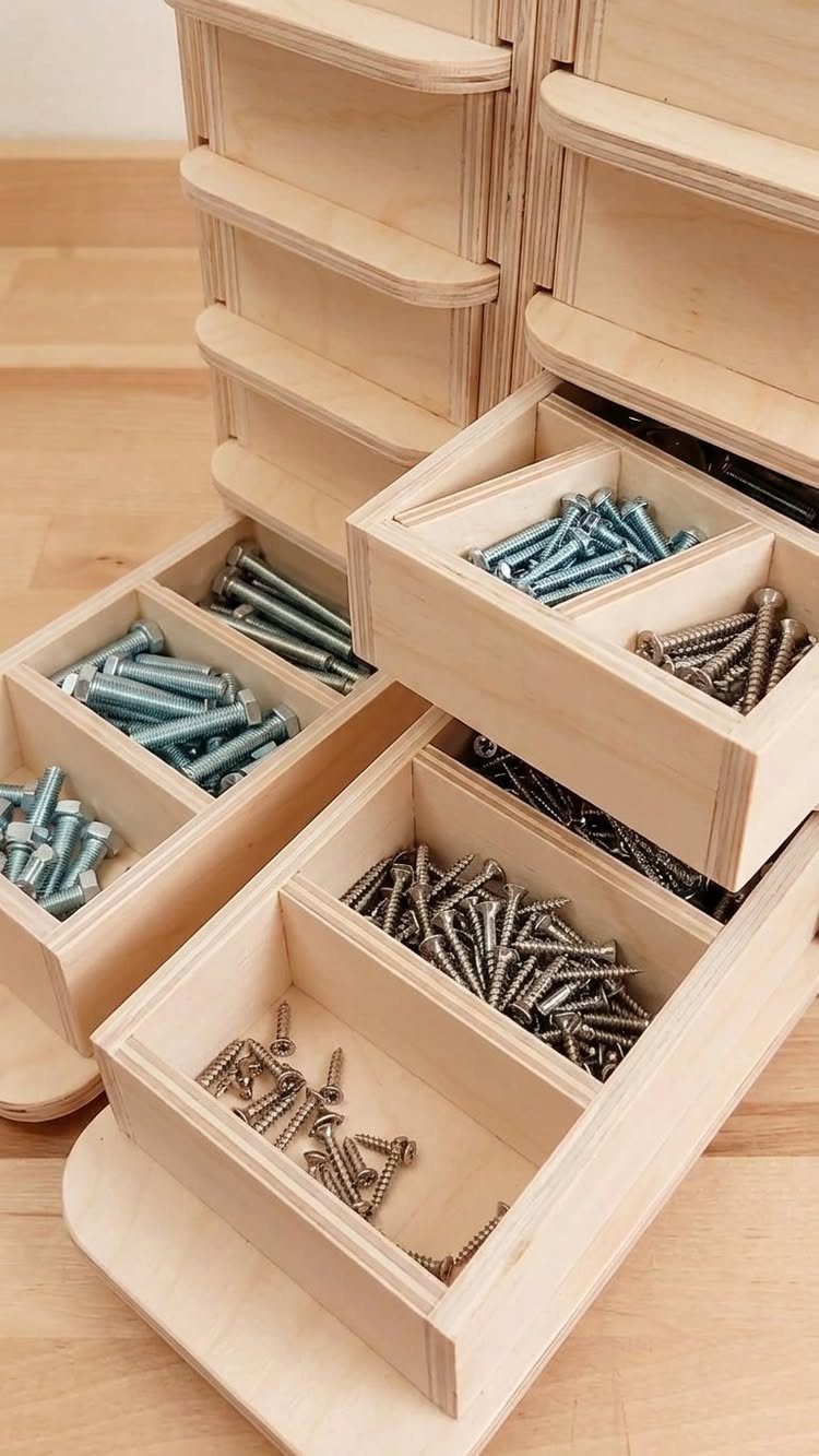 12 Woodworking Ideas to Make Money With Simple Builds 3 Wooden storage organizers with drawers filled with assorted metal screws and bolts.