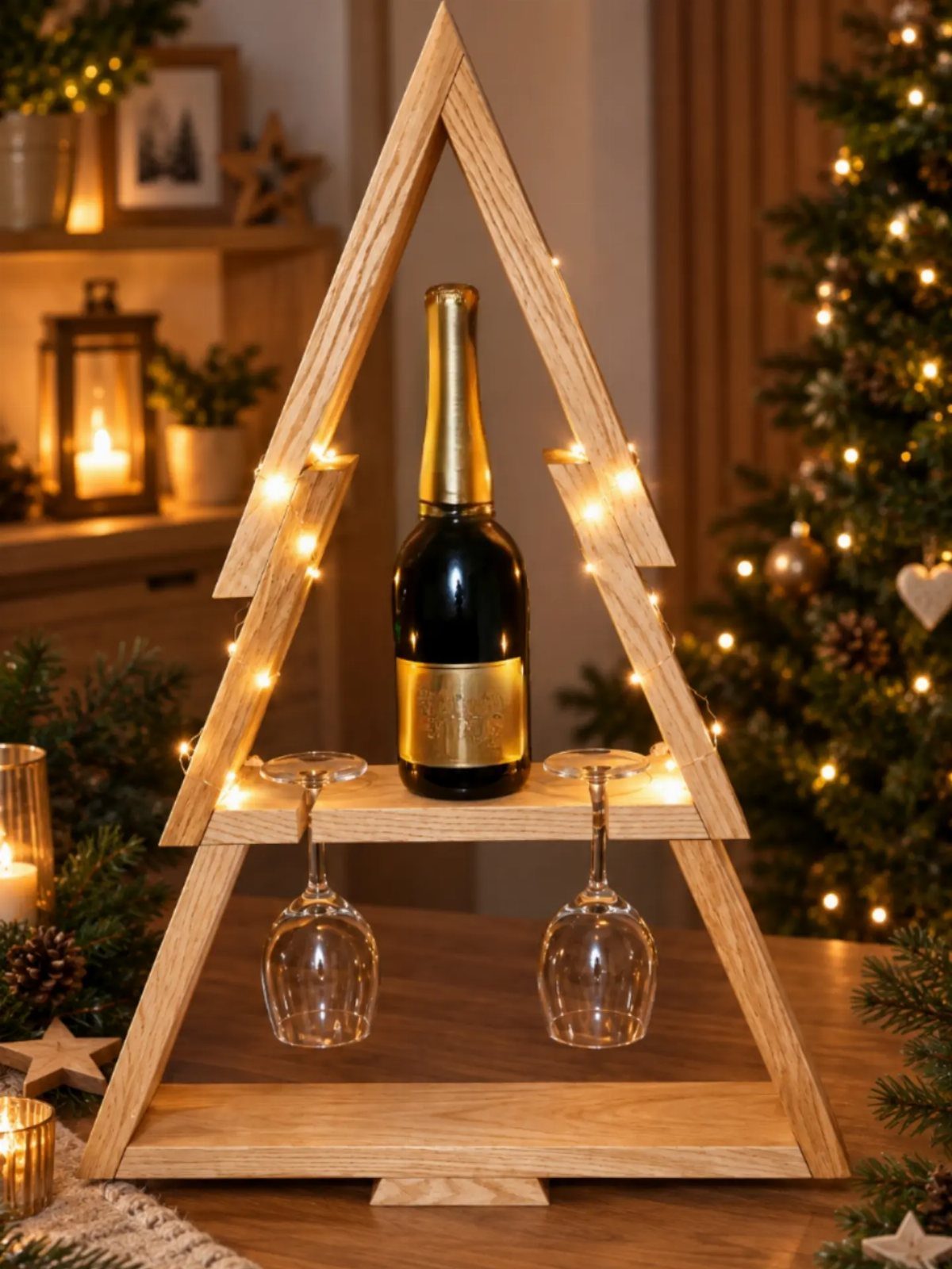 12 Woodworking Ideas to Make Money With Simple Builds 10 Wooden wine caddy shaped like a tree holding champagne and two glasses with fairy lights.