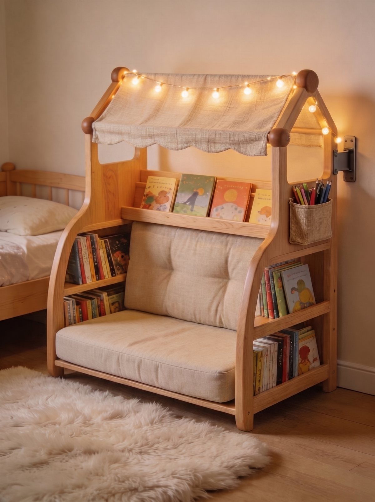 14 Woodworking Shop Projects for Every Skill Level 1 Wooden child's reading nook with integrated bookshelves, cream cushions, and a lit canopy.