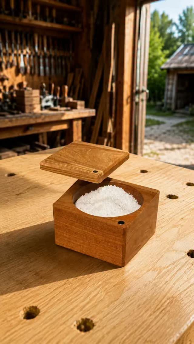 14 Woodworking Shop Projects for Every Skill Level 12 Small wooden salt cellar with lid resting on a light wood workbench