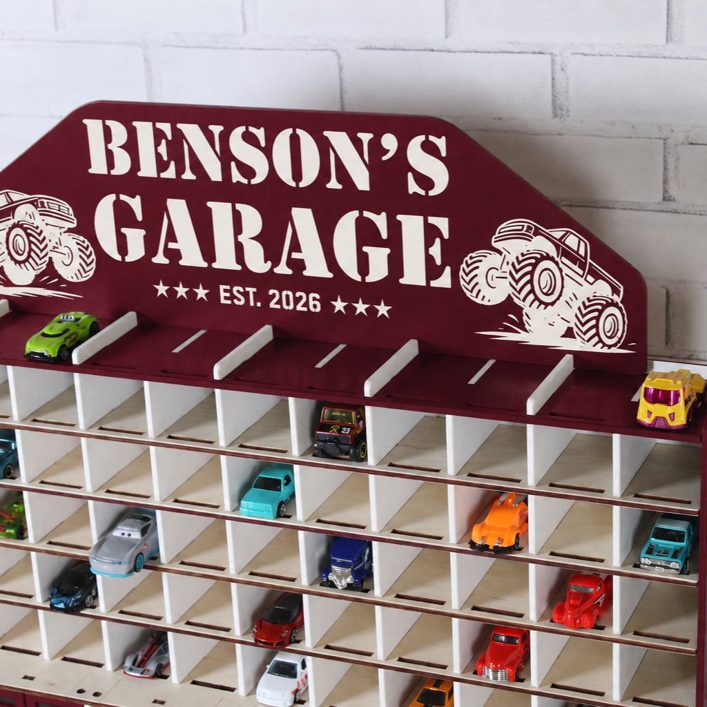 14 Woodworking Shop Projects for Every Skill Level 2 Wooden toy car display rack with a maroon Benson's Garage sign and colorful cars.