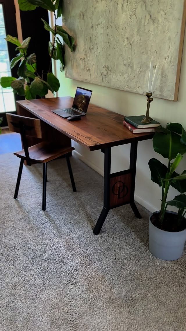14 Woodworking Shop Projects for Every Skill Level 9 Dark wood desk with black metal legs and a matching wooden chair.