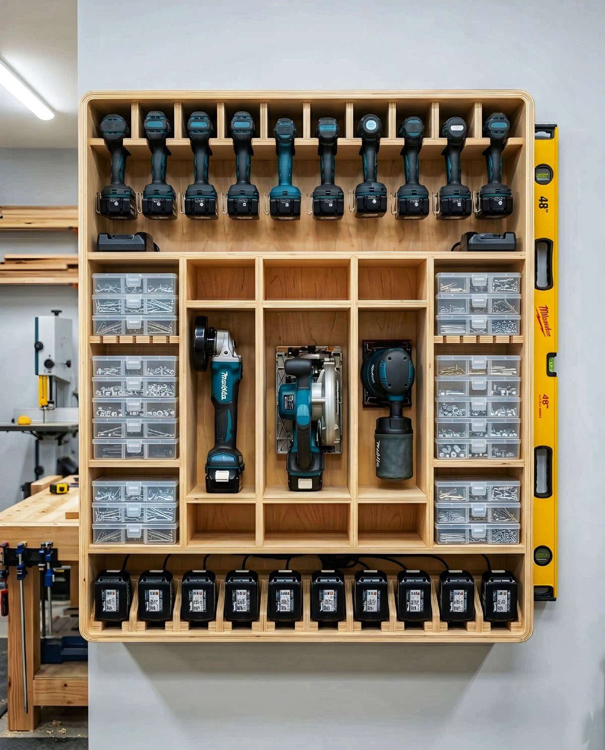 Woodworking Tool Cabinet Plans: 8 Storage Ideas 3 Wooden tool cabinet with custom compartments holding cordless drills, batteries, and hardware bins.