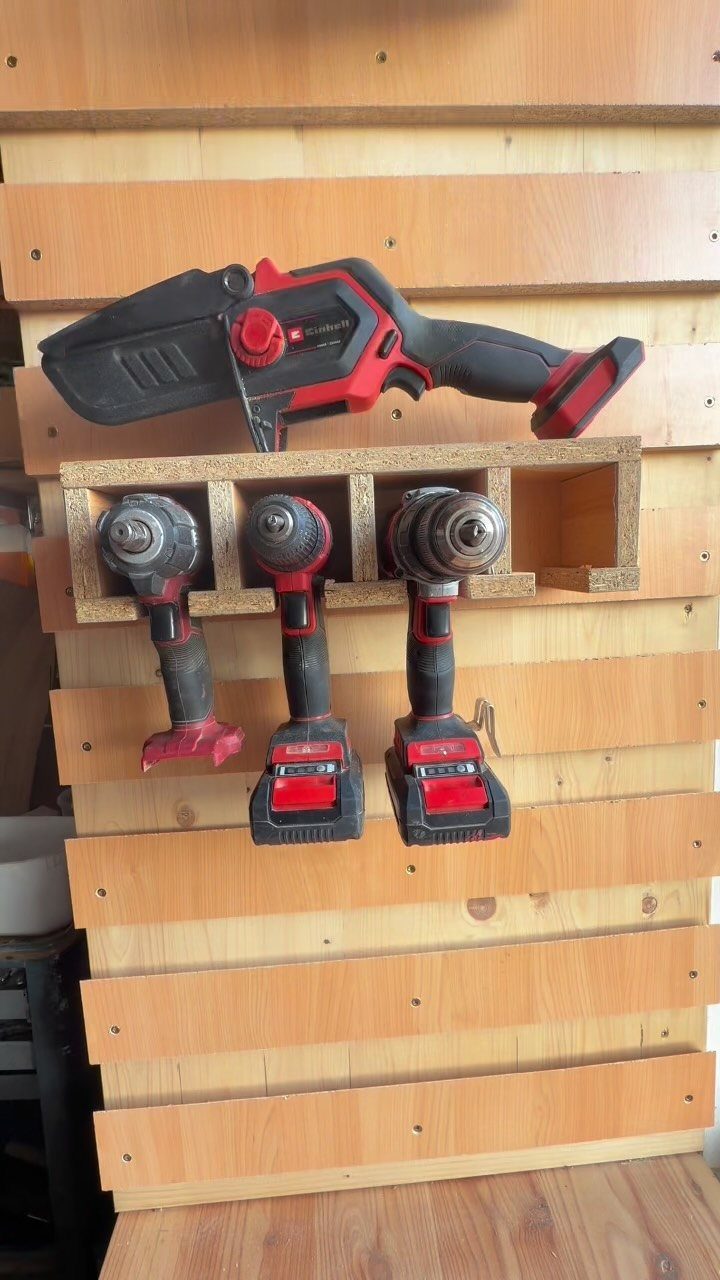 Woodworking Tool Cabinet Plans: 8 Storage Ideas 7 Wooden wall-mounted tool cabinet holding a power saw and three cordless drills