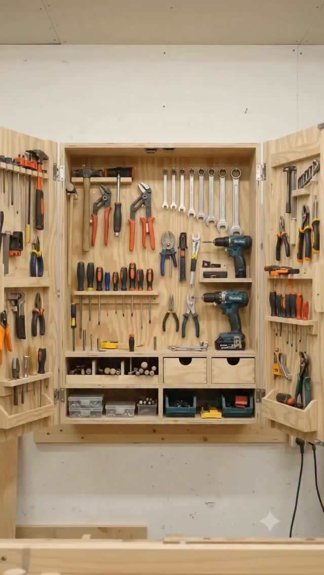 Woodworking Tool Cabinet Plans: 8 Storage Ideas 1 Wooden tool cabinet with custom slots and holders for various hand tools and drills.
