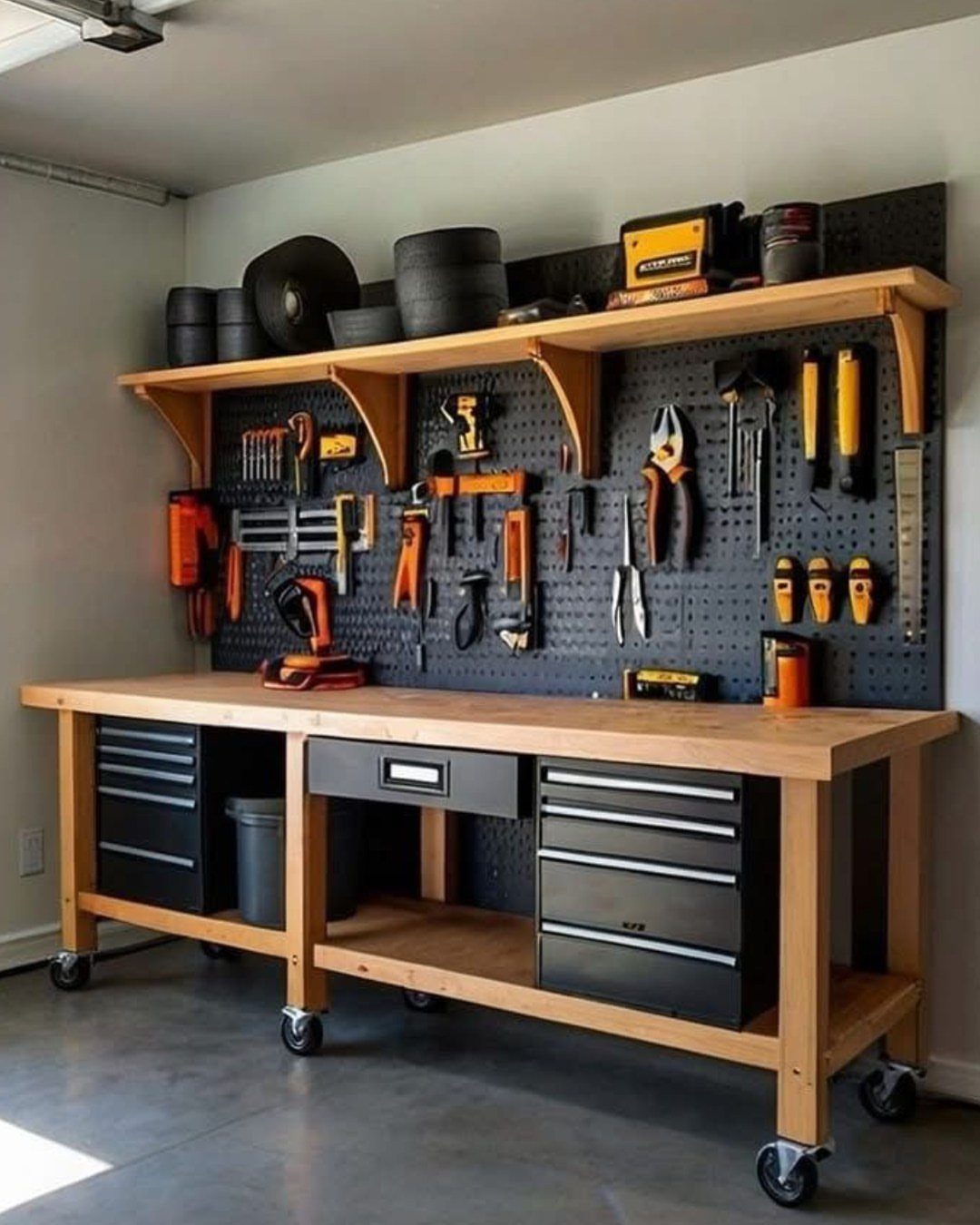 Woodworking Tool Cabinet Plans: 8 Storage Ideas 2 Wooden workbench with black drawers and a tool-laden pegboard wall with overhead shelving.