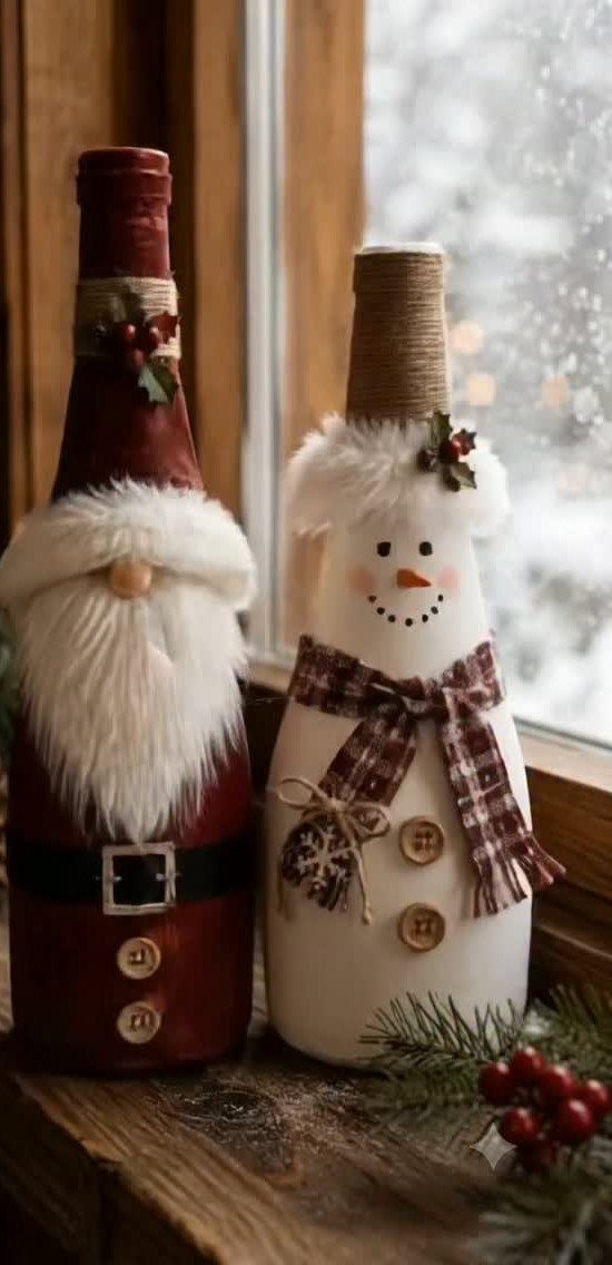Wine bottles decorated as Santa Claus and a snowman on a wooden windowsill.