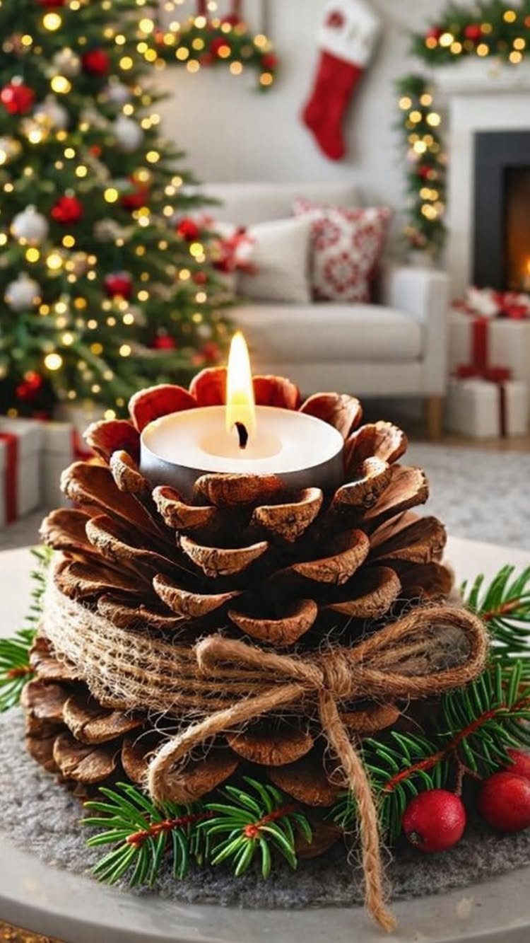 Lit tea light candle on a pinecone tied with twine and festive greenery.
